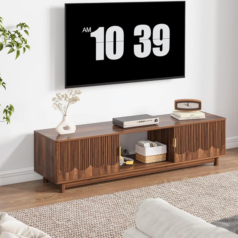 Giratree 62.2" Mid-Century Modern TV Stand, Curved Wooden Media Console with Slatted Storage Doors for 50–70 Inch TVs