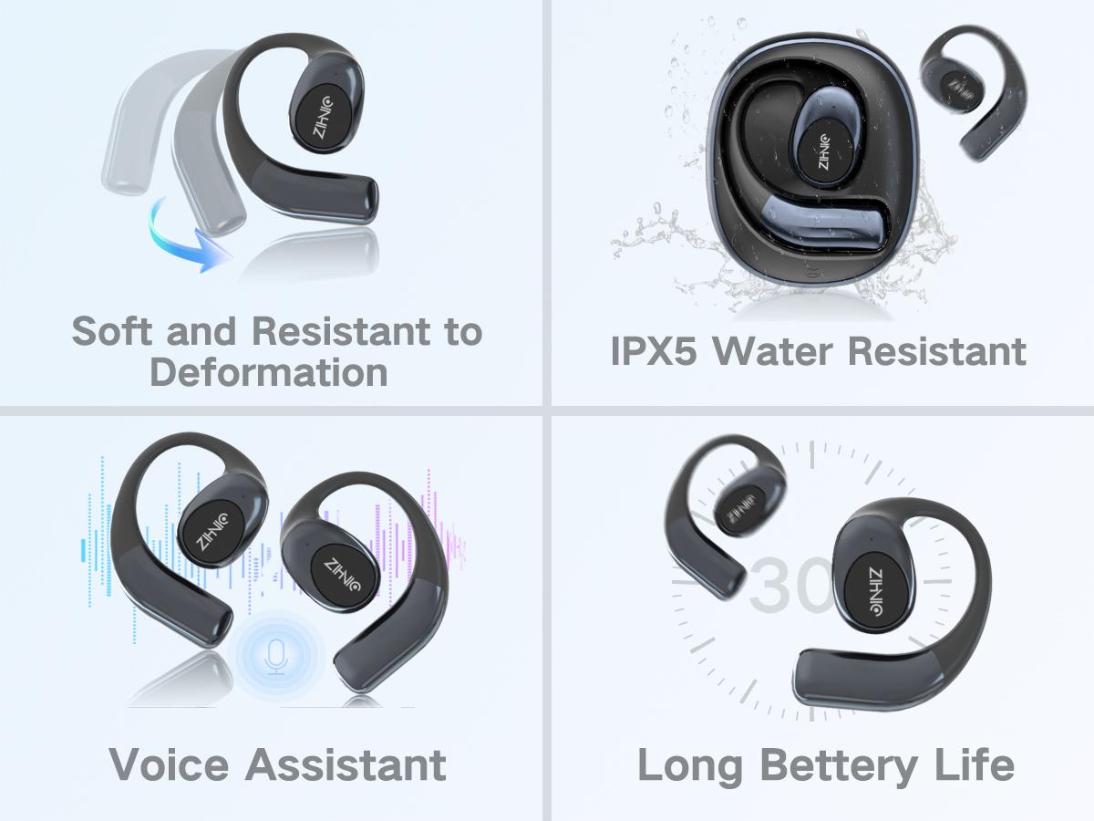 ZIHNIC S09 True Wireless Open Ear Bluetooth 5.4 Earbuds IPX5 Waterproof Sport Headsets Built-in Microphone