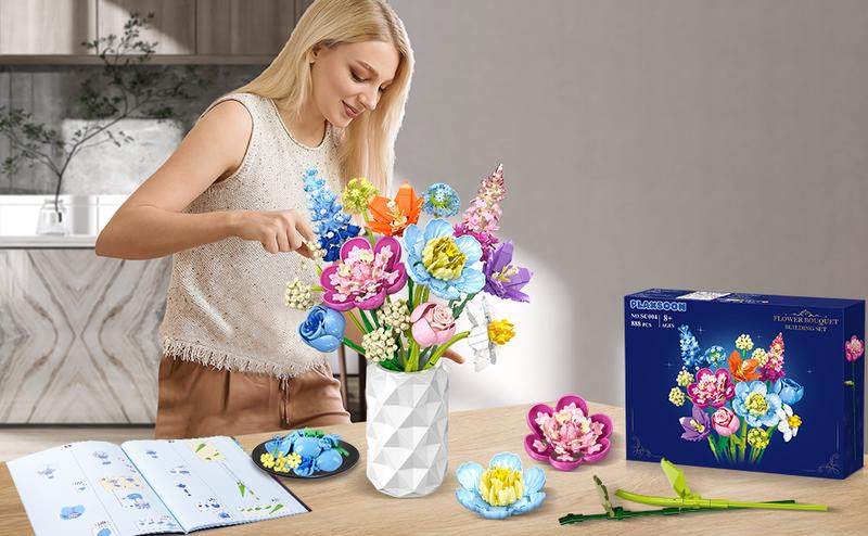 Flower Bouquet Building Set 13 Flowers with Adjustable Petals & Green Leaf Accents, Rose Plant, Decorative Ornaments & Magnetic Blocks, Home Decor for Adults, Boys & Girls 8+