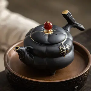 Retro Black Ceramic “Fu Lu” Gourd Teapot for Gongfu Brewing — Handmade Chinese Light‑Luxury Tea Ware with Gold‑Painted Details