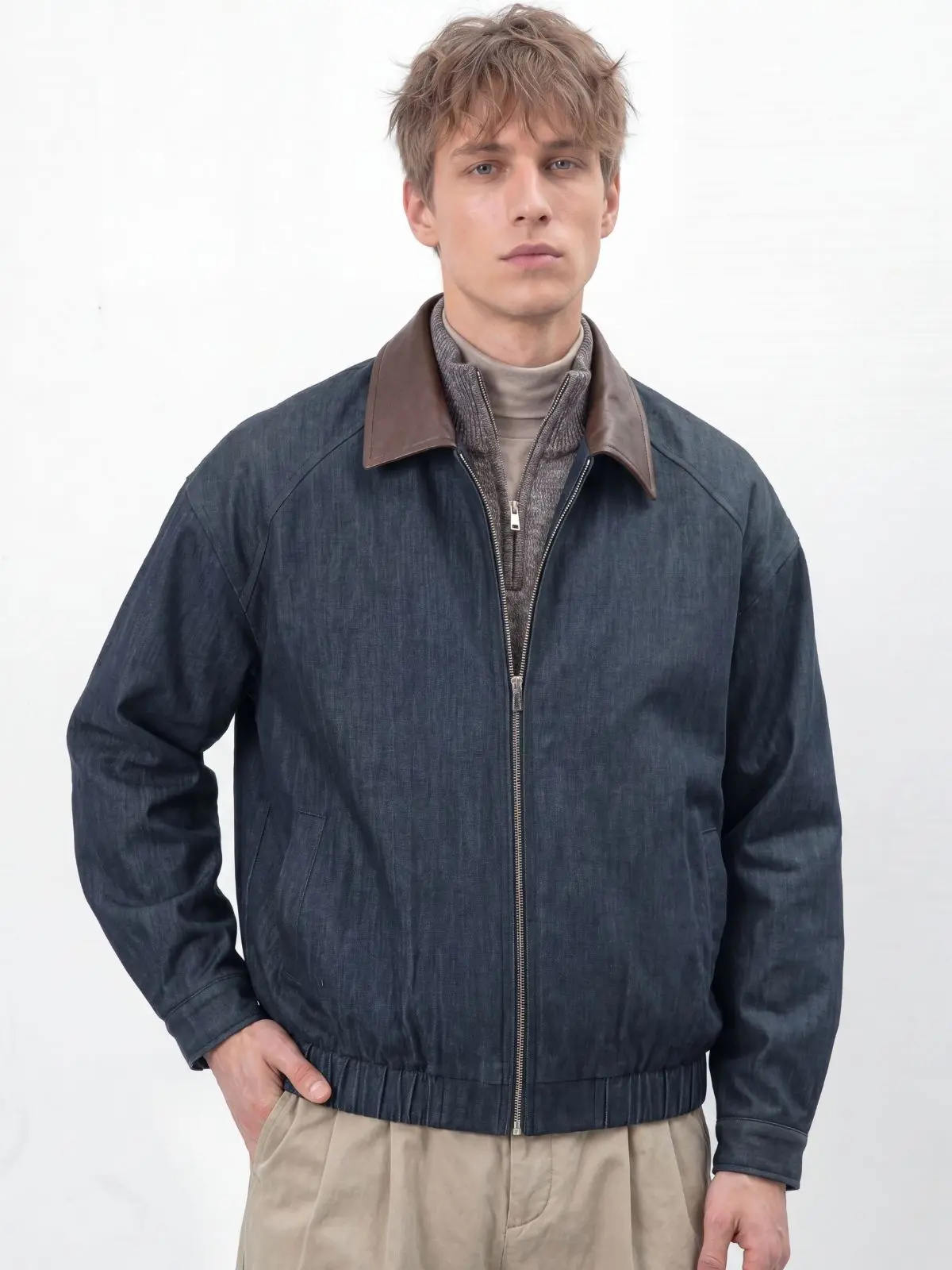 Men’s faux leather collar denim jacket, vintage loose fit with elastic hem, zip-up Harrington jacket, American-style silhouette baseball jacket