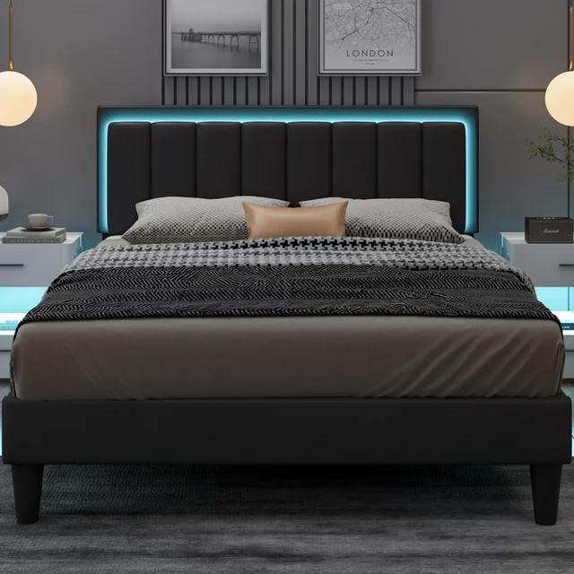 HOMBCK Led Bed Frame, No Mattress, Soft Modern Bed Frame with Luxury Leather Headboard, APP Adiust the Light, No Box Spring Needed