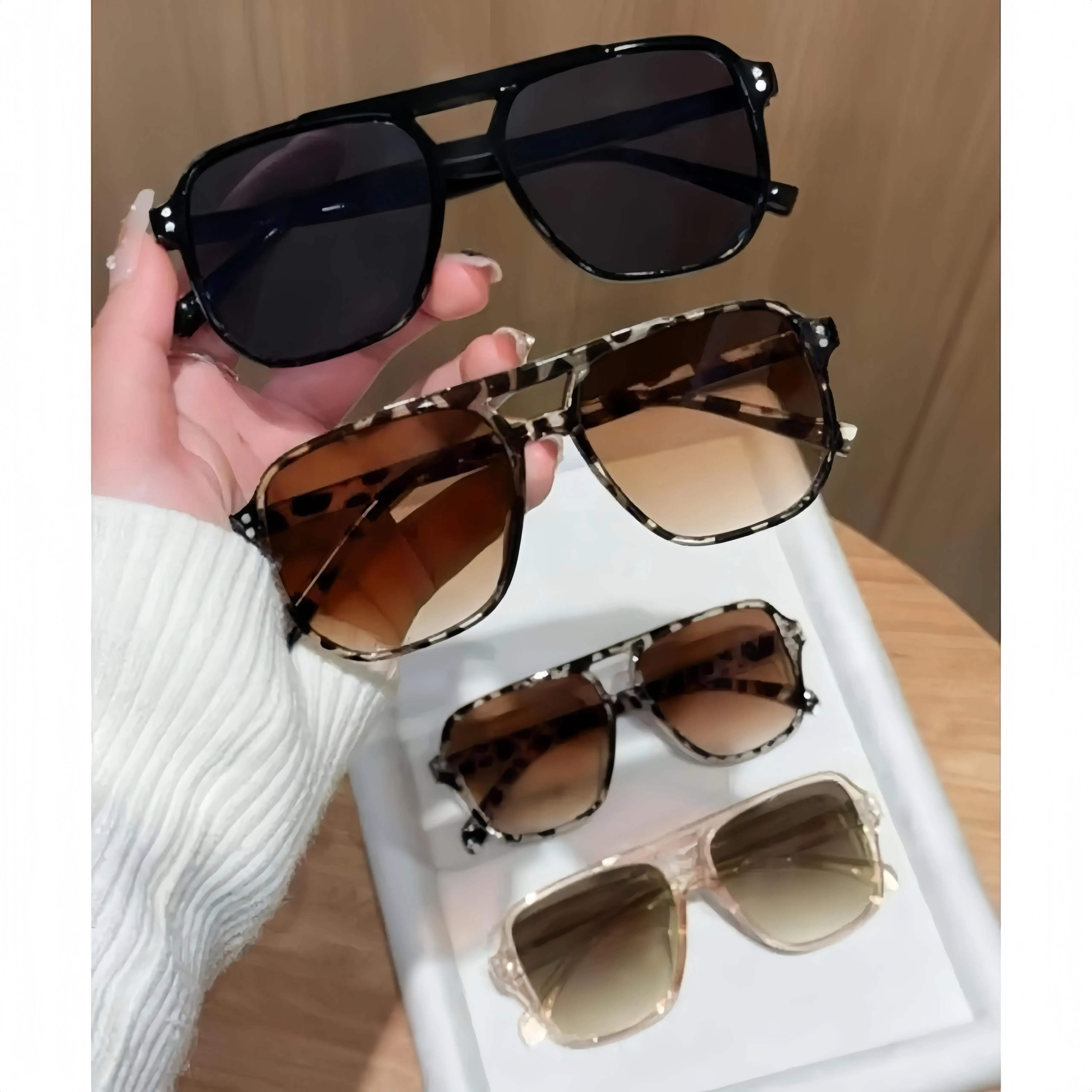 4-Pack Ultra Light Square Polarized Sunglasses for Women - Anti-UV, Windproof, Face-Enhancing Fit, Natural Colors, Plastic Black Tortoiseshell Transparent Brown Frames, Trending Oversized Aviator Beach Eyewear, Stylish Accessories, Trending Glasses
