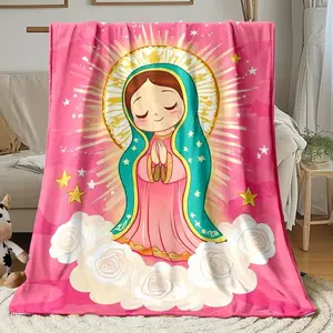 Anime Virgin Mary Our Lady Of Guadalupe Blanket Holy Aura Starry Sky Print Soft Flannel Fleece Throw Lightweight All Season Religious Spanish Inspired Design Cozy Warm Decor Gift For Catholics Meditation Prayer Room