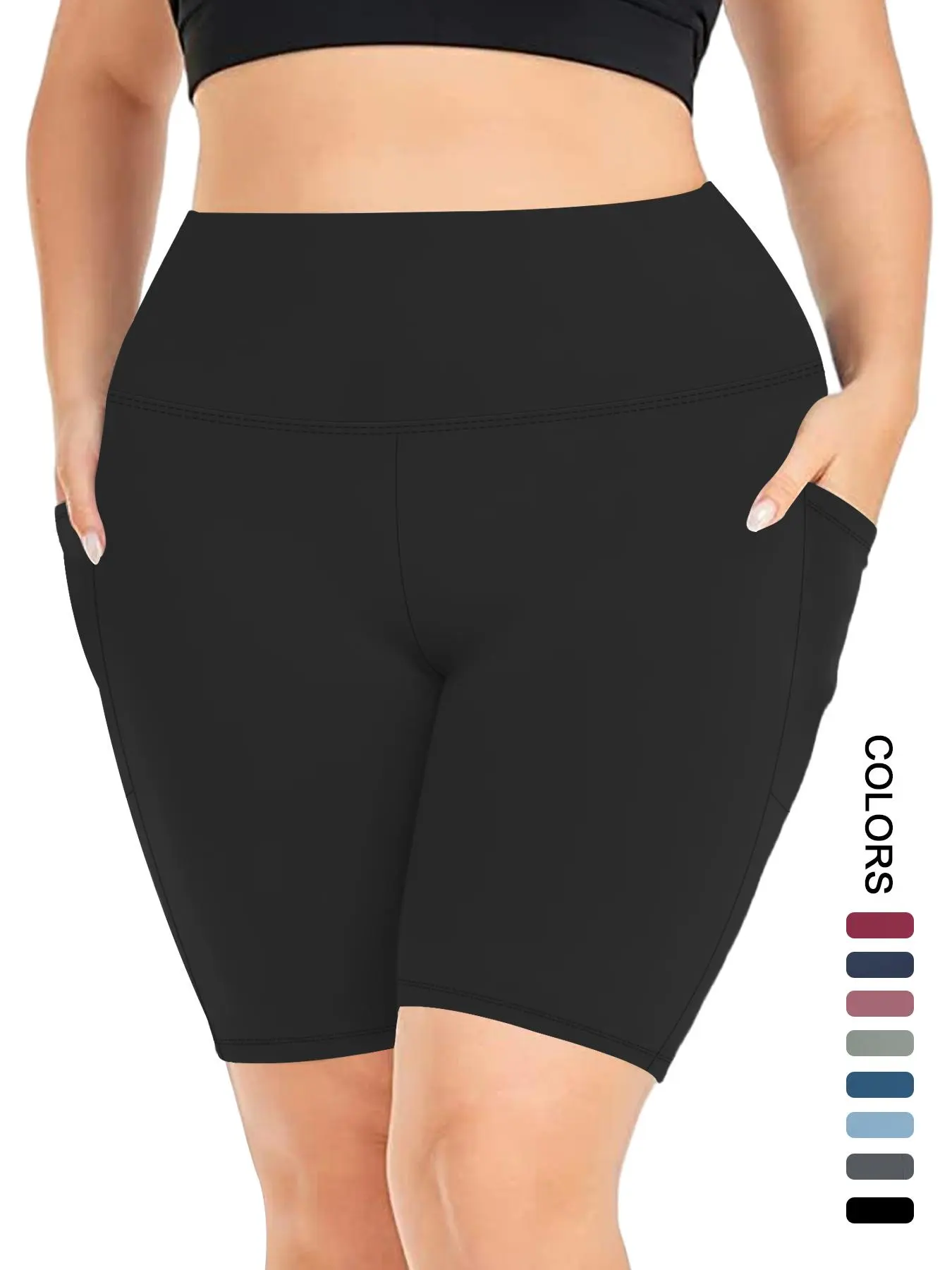 [Plus Size] Pocket High Waist Short Leggings, Casual High Stretch Seamless Skinny Shorts, Elastic Polyester Shorts, Summer Clothes Women