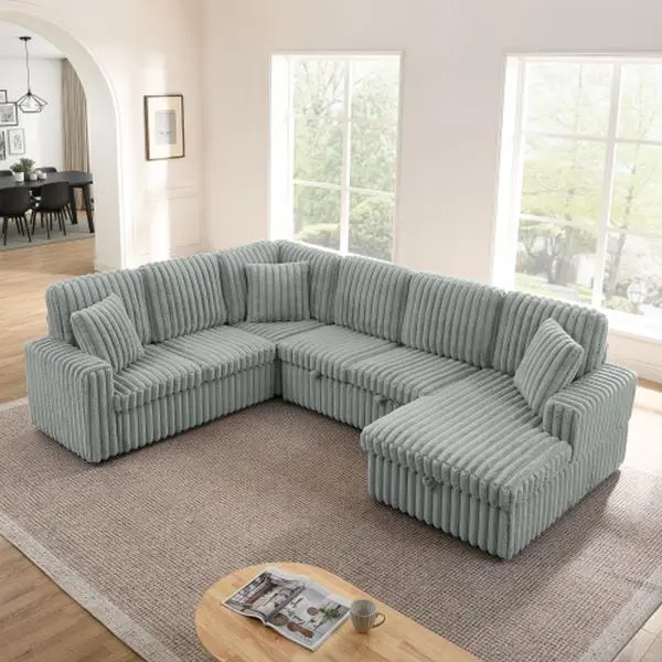 [4 Packages] Niccae Corduroy U-Shaped Sectional Sofa - Chaise Lounge Sofa, 6-Seat Pull-Out Guest Bed, Foam Cushions, Storage, Modern Minimalist Indoor Furniture for Living Room Apartments, Corduroy Sectional Sofa,dorm essentials,home decor