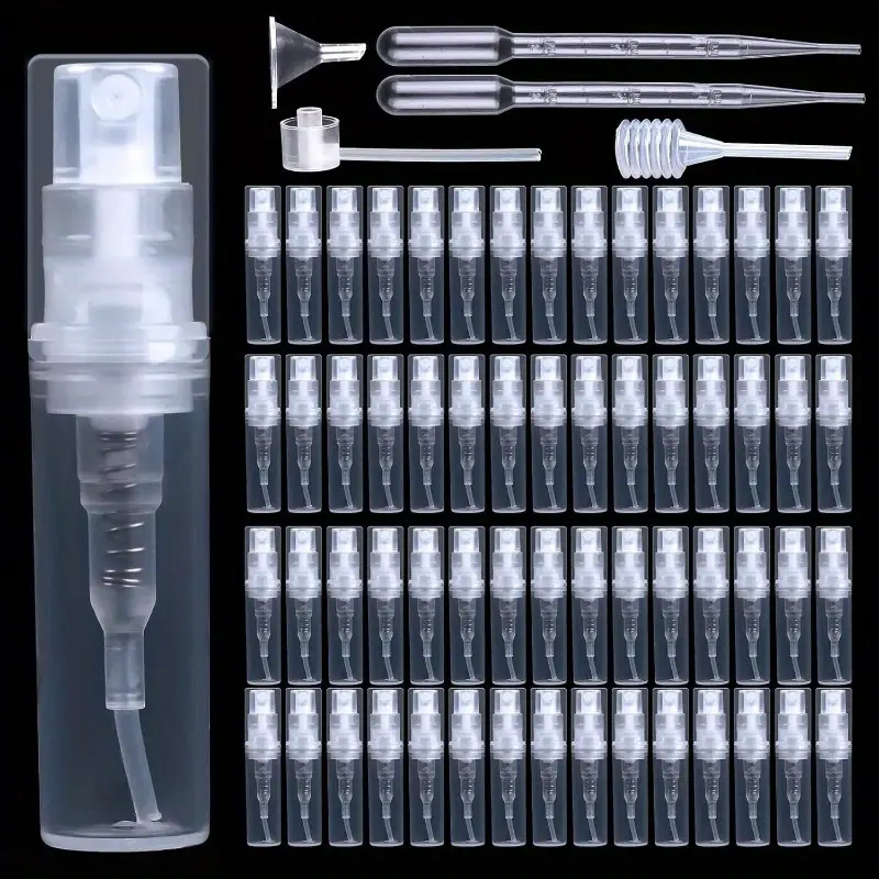 60pcs portable split bottle perfume sample split bottle 2ml spray bottle cosmetic bottle plastic bottle travel bag 1 small funnel 1 perfume separator 1 spring dropper 2 droppers Tin Organiser