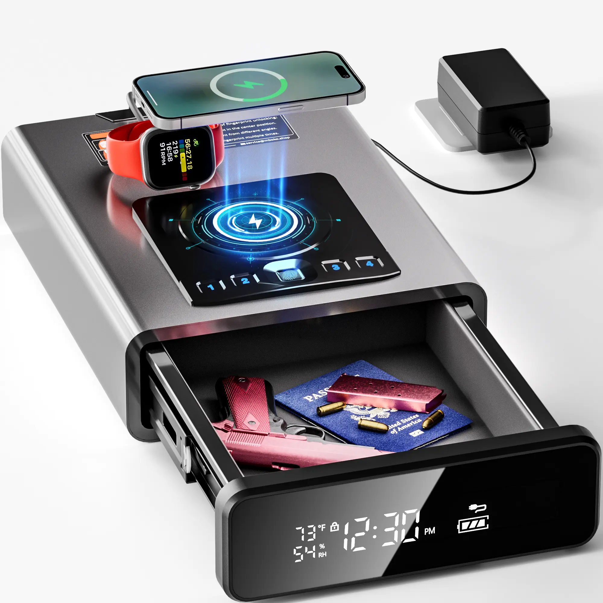 Hidden Biometric Fingerprint Gun Safe, DOJ Certified Nightstand Safe for Handgun, 2-in-1 Wireless Phone & Watch Charging, LED Clock & LED Light, Auto Pop-Up Drawer, Dorm Safe