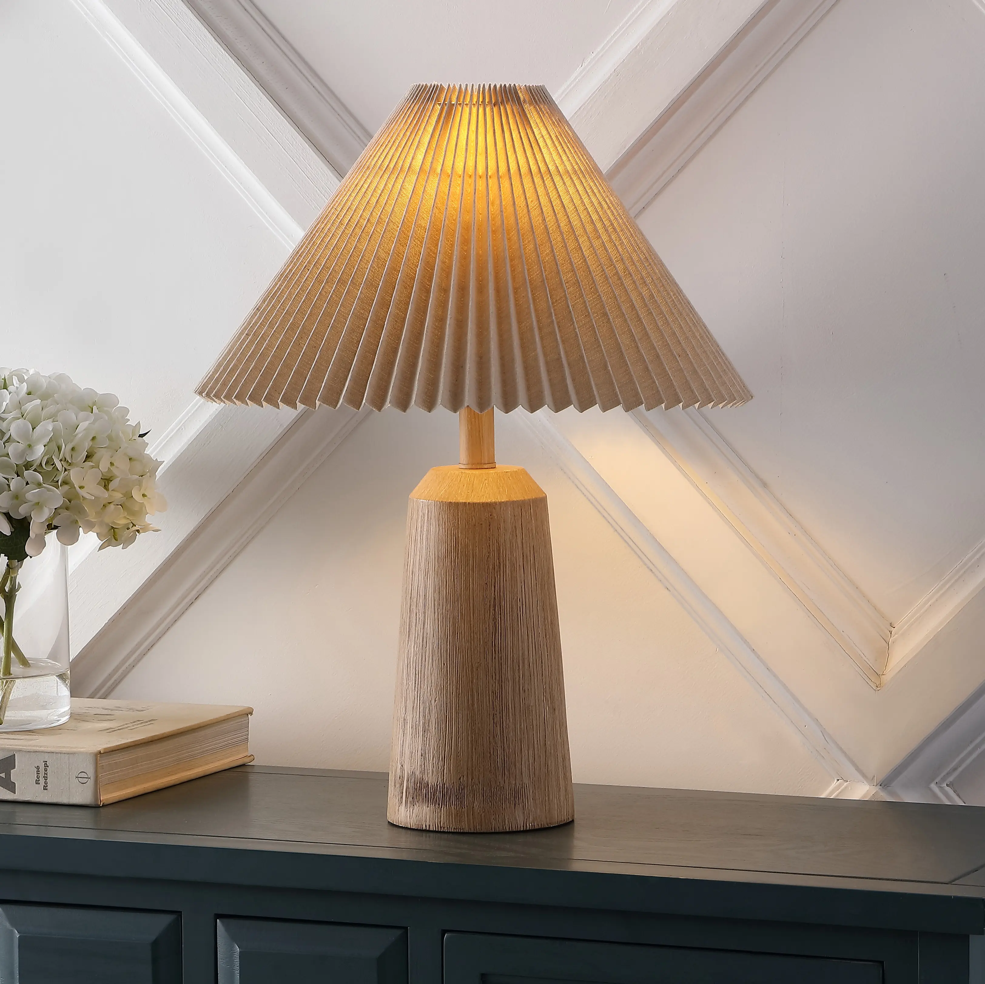JONATHAN Y Arvid Rustic Scandinavian Resin/Iron Lighthouse LED Table Lamp with Pleated Shade , for bedroom, living room, foyer, hallways, dining room, dorms