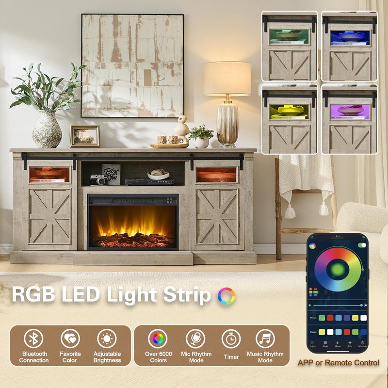 Fireplace TV Stand for up to 80 Inch TVs, 32’’ Tall LED Entertainment Center with Electric Fireplace, Farmhouse TV Console Table w/Sliding Barn Door & Window for Living Room, Rustic Gery