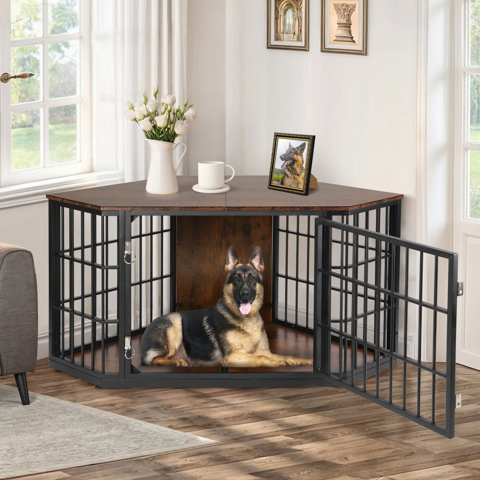 52 Inch Dog Crate Furniture Corner, Wooden Dog Kennel Furniture, End Table Dog Crate for Large Dogs, Indoor Pet Crates Corner Side Table for Dogs, Wide Top Perfect for Limited Room
