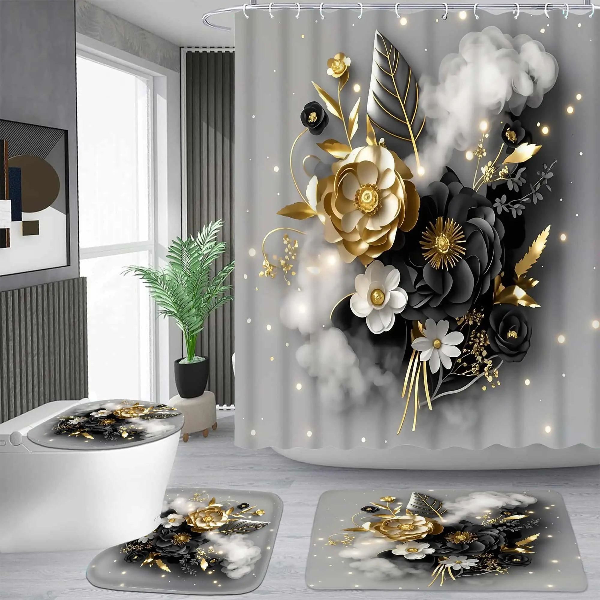 Matte black gold floral pattern shower curtain set, waterproof shower curtain with 12 hooks, non-slip bathroom carpet, toilet U-shaped cushion, toilet seat cover cushion, bathroom shower curtain set, perfect moving gift.