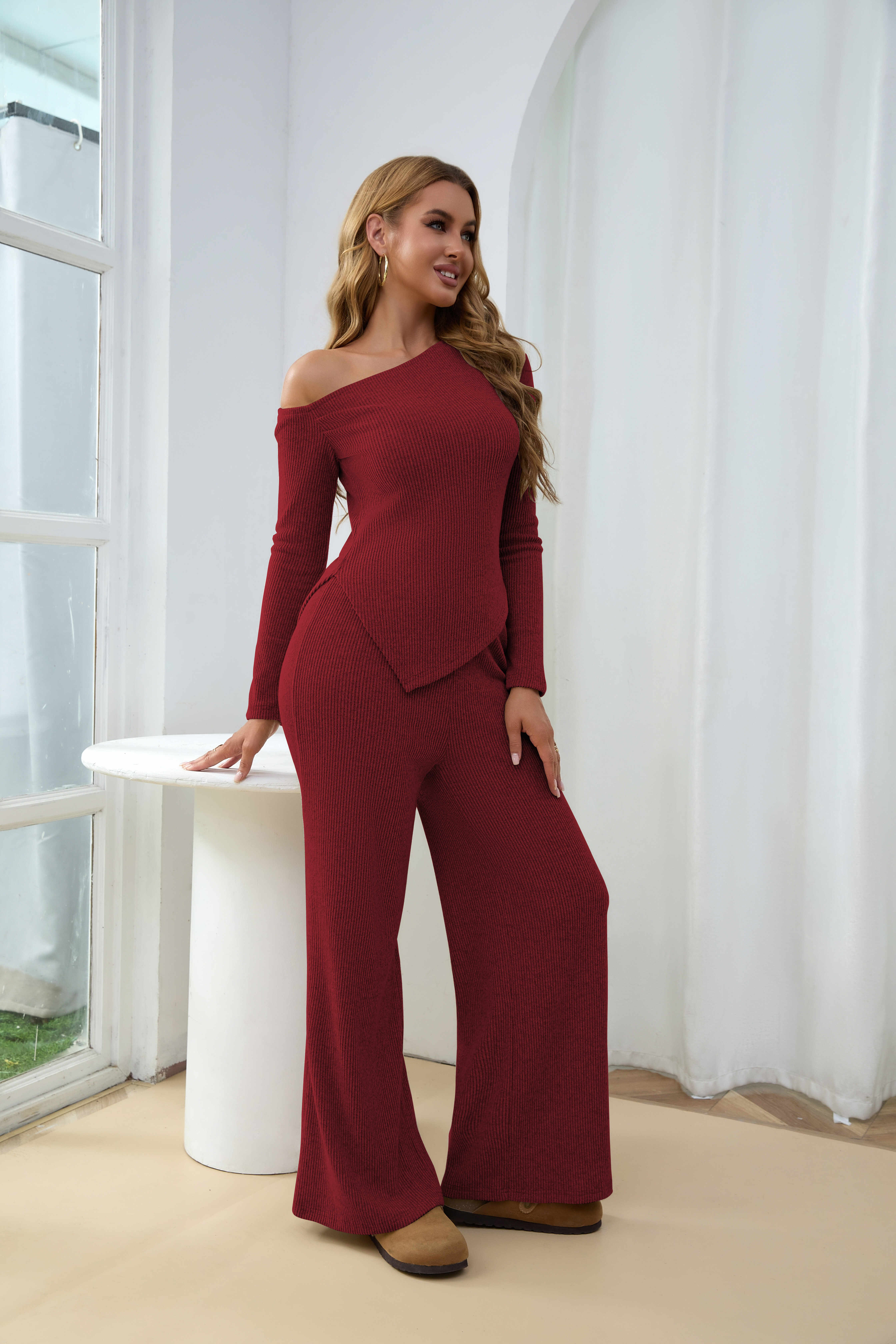 USBoutique Chic Sherpa Set for Women Asymmetric Shoulder Top & High Waist Wide Leg Pants Soft Winter Outfit Beige Color Womenswear Clothes Suits Trouser