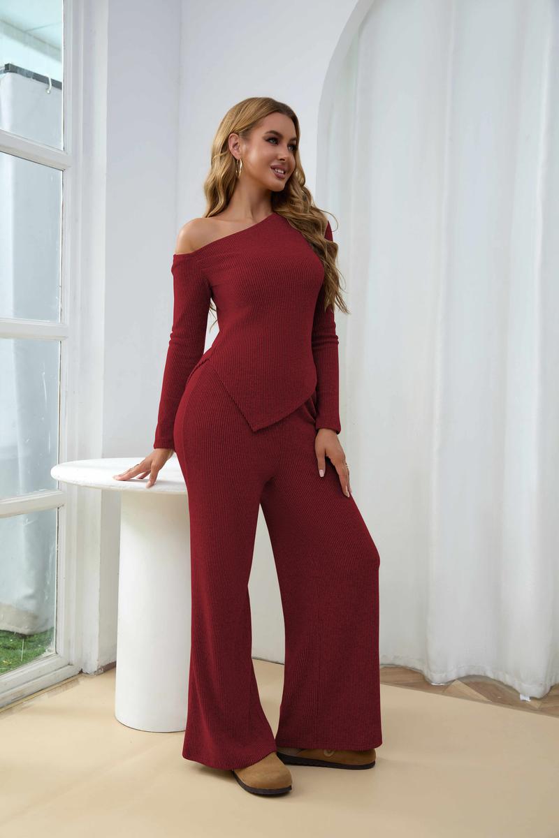 USBoutique Chic Sherpa Set for Women Asymmetric Shoulder Top & High Waist Wide Leg Pants Soft Winter Outfit Beige Color Womenswear Clothes Suits Trouser
