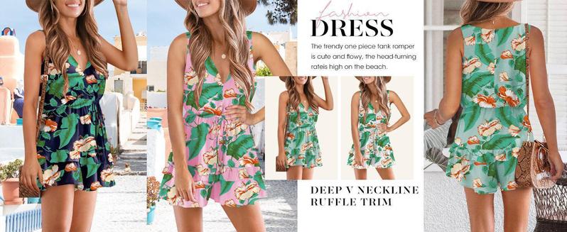 Imily Bela Womens Summer Romper V Neck Flowy Ruffle Shorts High Waist Beach Jumpsuit with Drawstring Waist & Zipper Closure - Casual Imily Bela Womens Summer Romper V Neck Flowy Ruffle Shorts High Waist Beach Jumpsuit with Drawstring Waist & Zipper Closure - Casual