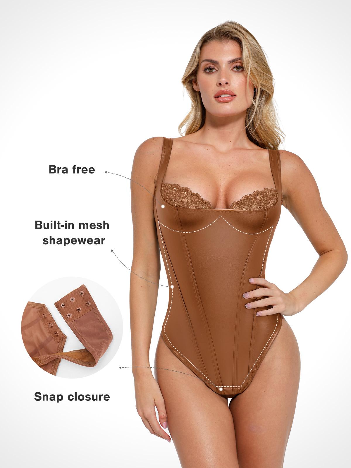 【Runs Small】Popilush Basic Faux Leather Corset Top Supportive Shapewear Bodysuit Lingerie Lace Trim Tummy Control Bustier Sleeveless Womenswear Summervibe 【Runs Small】Popilush Basic Faux Leather Corset Top Supportive Shapewear Bodysuit Lingerie Lace Trim Tummy Control Bustier Sleeveless Womenswear Summervibe