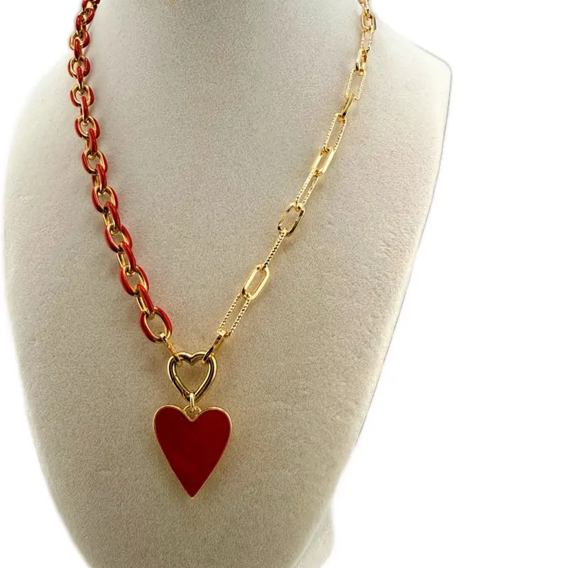 The Scarlet Reign Convertible Necklace 18k Gold Plated Stainless Steel Reversible Heart Charm Red Enamel Gold Finish Removable Pendant Asymmetrical Luxury Chain 18 Inches with 2 Inch Extender