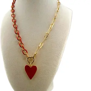 The Scarlet Reign Convertible Necklace 18k Gold Plated Stainless Steel Reversible Heart Charm Red Enamel Gold Finish Removable Pendant Asymmetrical Luxury Chain 18 Inches with 2 Inch Extender