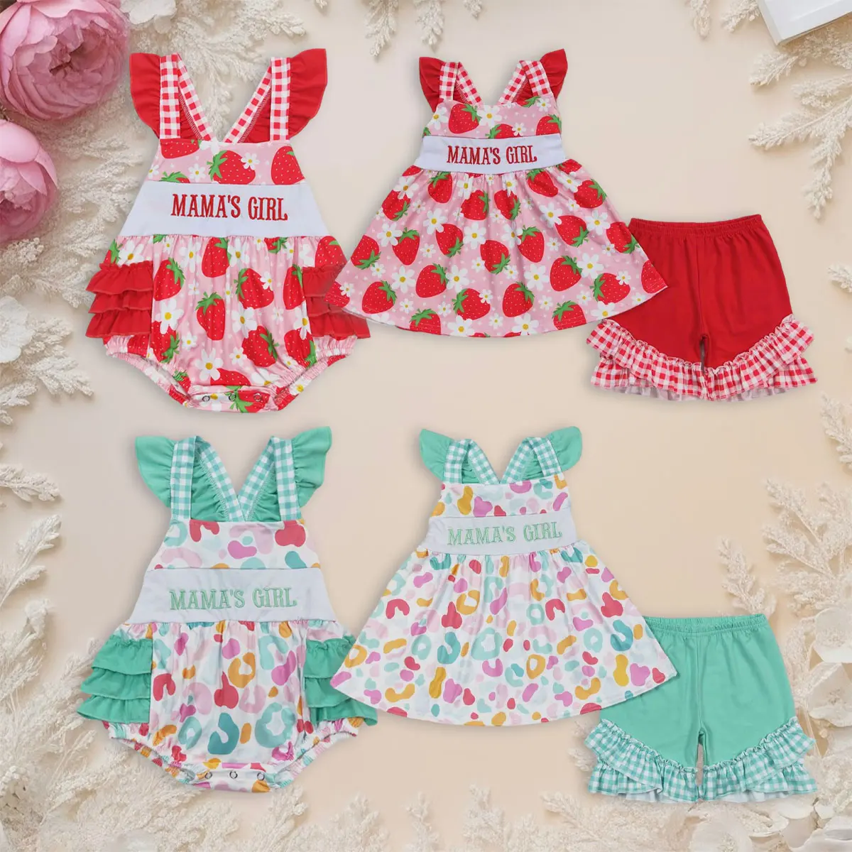 Toddler Baby Girl Bodysuit Outfit Sets - 2-Piece Ruffled Cotton-Blend Mom and Daughter Matching Top & Shorts, Strawberry & Leopard Prints, "Mama's Girl" Embroidery, Criss Cross Design