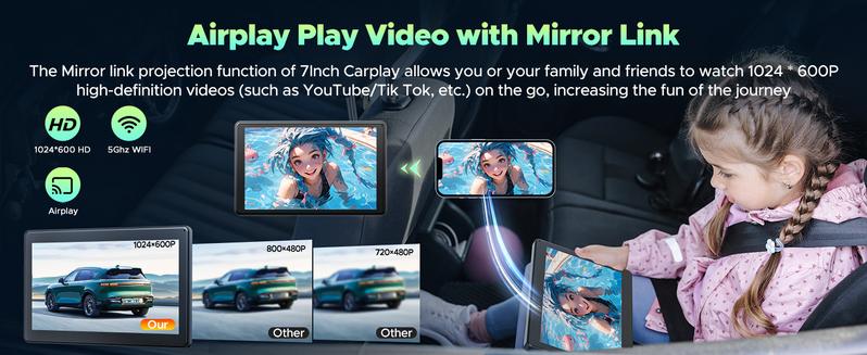 【Valentines】LAMTTO 7-Inch Wireless CarPlay Screen, Portrait & Landscape Display, CarPlay/Android Auto Compatible, AUX/Bluetooth/Speaker Output, Perfect Upgrade for Older Cars