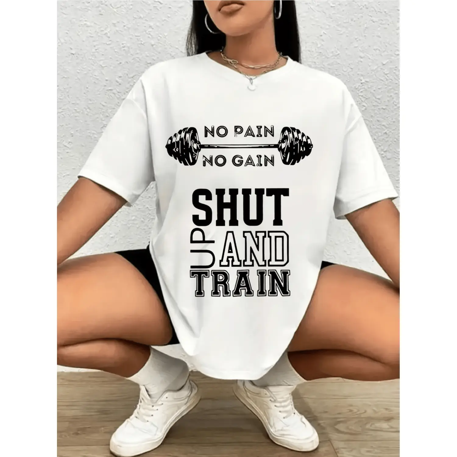 1pc Women Fitness Motivational Crew Neck Tee, No No Gain Shut Up and Train Dumbbell Graphic Print White Short Sleeve Top With Black Lettering, Comfort Fit Machine Washable Easy Care Gym Casual Apparel, Perfect Gift For Female Athletes Workout Clothes