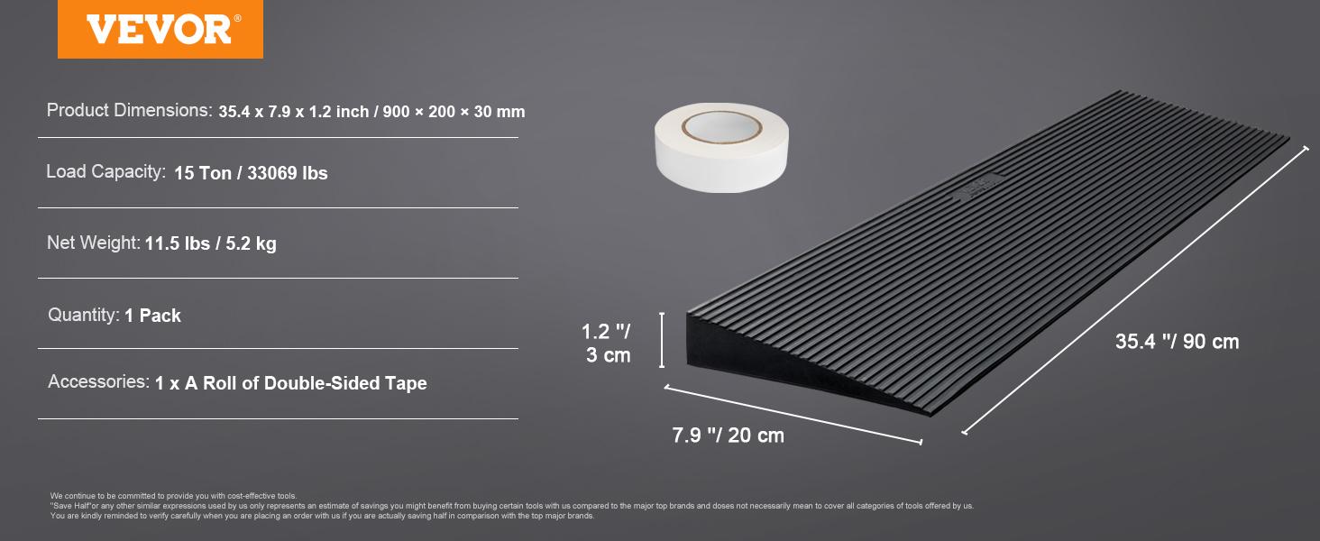 VEVOR 1.2" Rise Cuttable Threshold Ramp for Sweeping Robot, TikTokShopBlackFriday, 35.4" Wide Natural Rubber Wheelchair Ramp, Non-Slip Solid Rubber Ramp with Double-Sided Tape for Doorways, Driveways, Bathroom, Smooth Tile