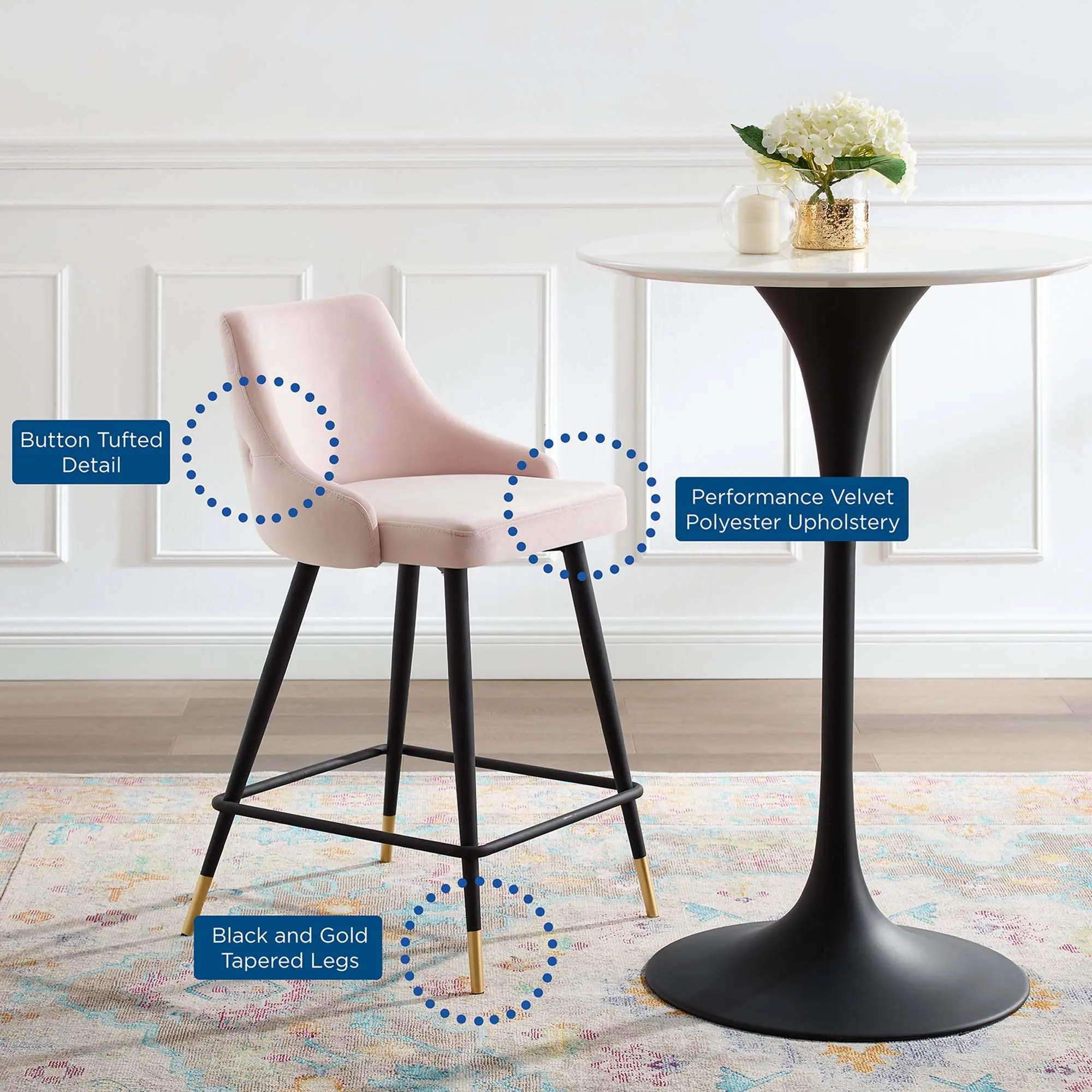 Modway Adorn Performance Velvet Counter Stool in Pink