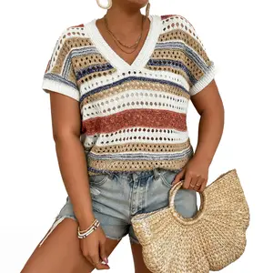 Eytino Plus Size Tops for Women Striped V Neck Short Sleeve Hollow Out Crochet Knit Sweater 2026 Sping Clothes Outfits(1X-5X)
