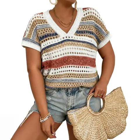 Eytino Plus Size Tops for Women Striped V Neck Short Sleeve Hollow Out Crochet Knit Sweater 2026 Sping Clothes Outfits(1X-5X)