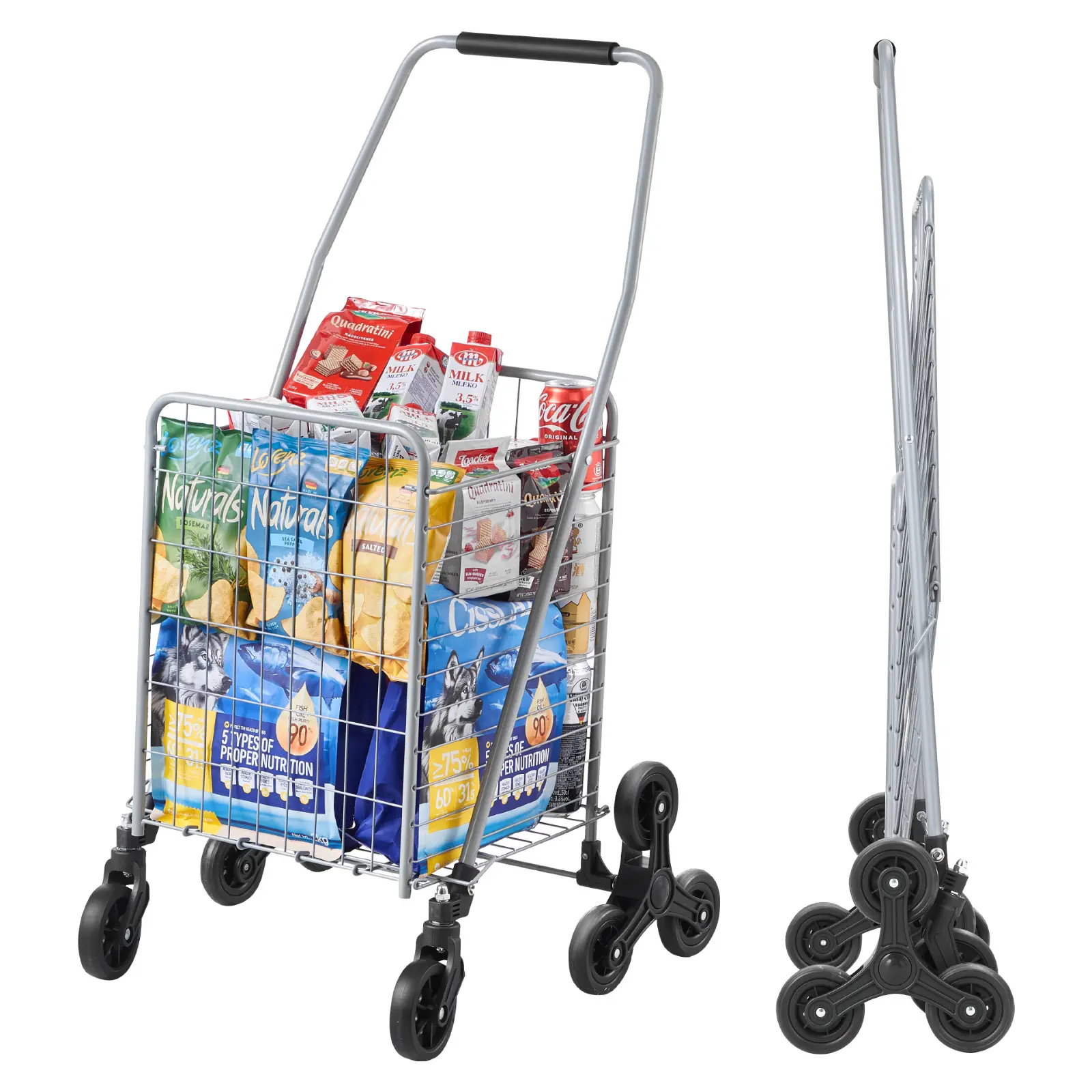 VEVOR Grocery Shopping Cart,  45L Stair Climbing Shopping Cart with 360° Rolling Swivel Wheels, Stair Climber Utility Cart with Tri-Wheels, Foldable Collapsible & Lightweight for Laundry Travel, Silver
