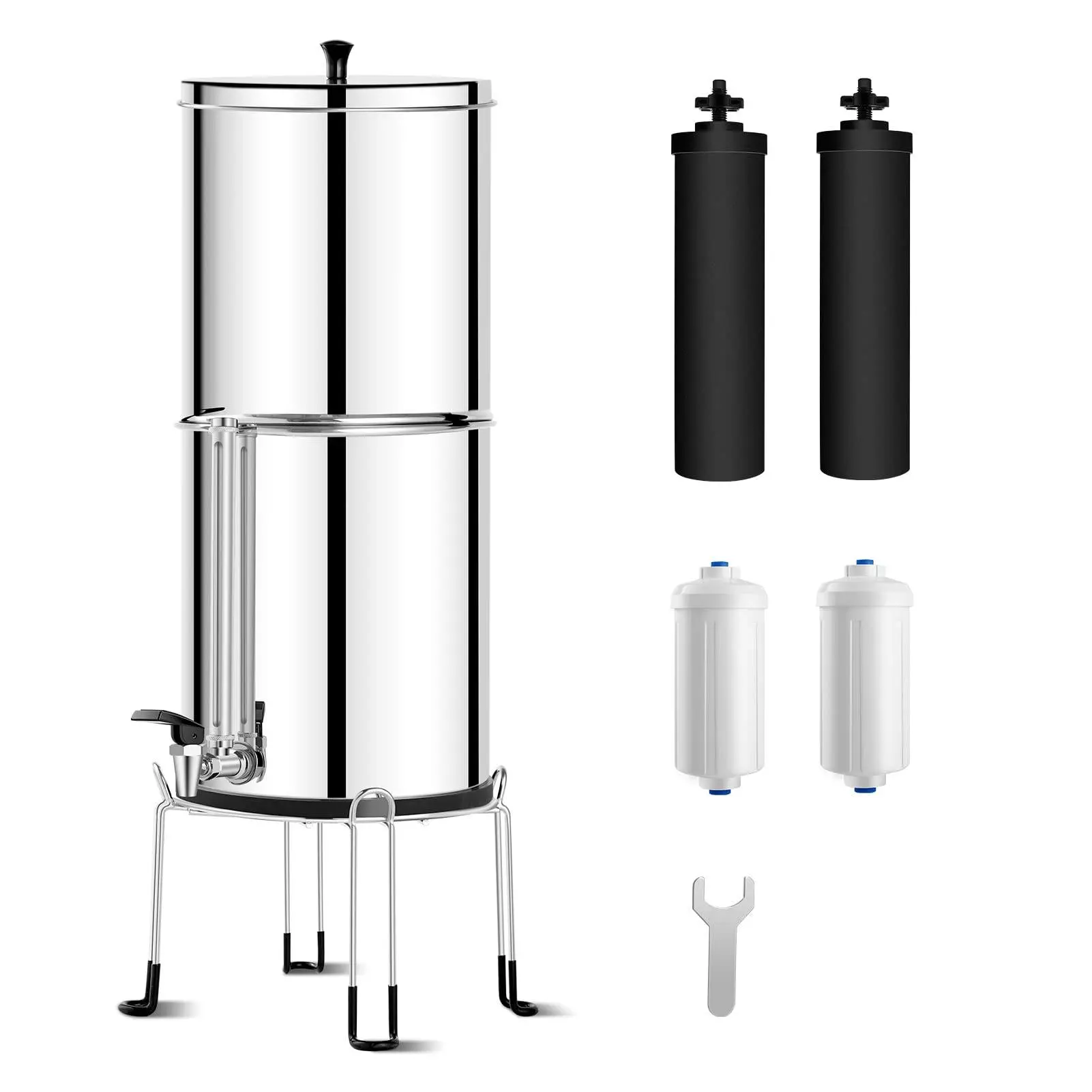 OMNIRA 2.25G Gravity Water Filter System - Stainless Steel Countertop Model with Water Level Window, 3-Stage 0.01 Micron Ultra-Filtration, 99% Chlorine Reduction, Eco-Friendly Durable Cartridge, Includes 2 Filters & Stand, PW-KS