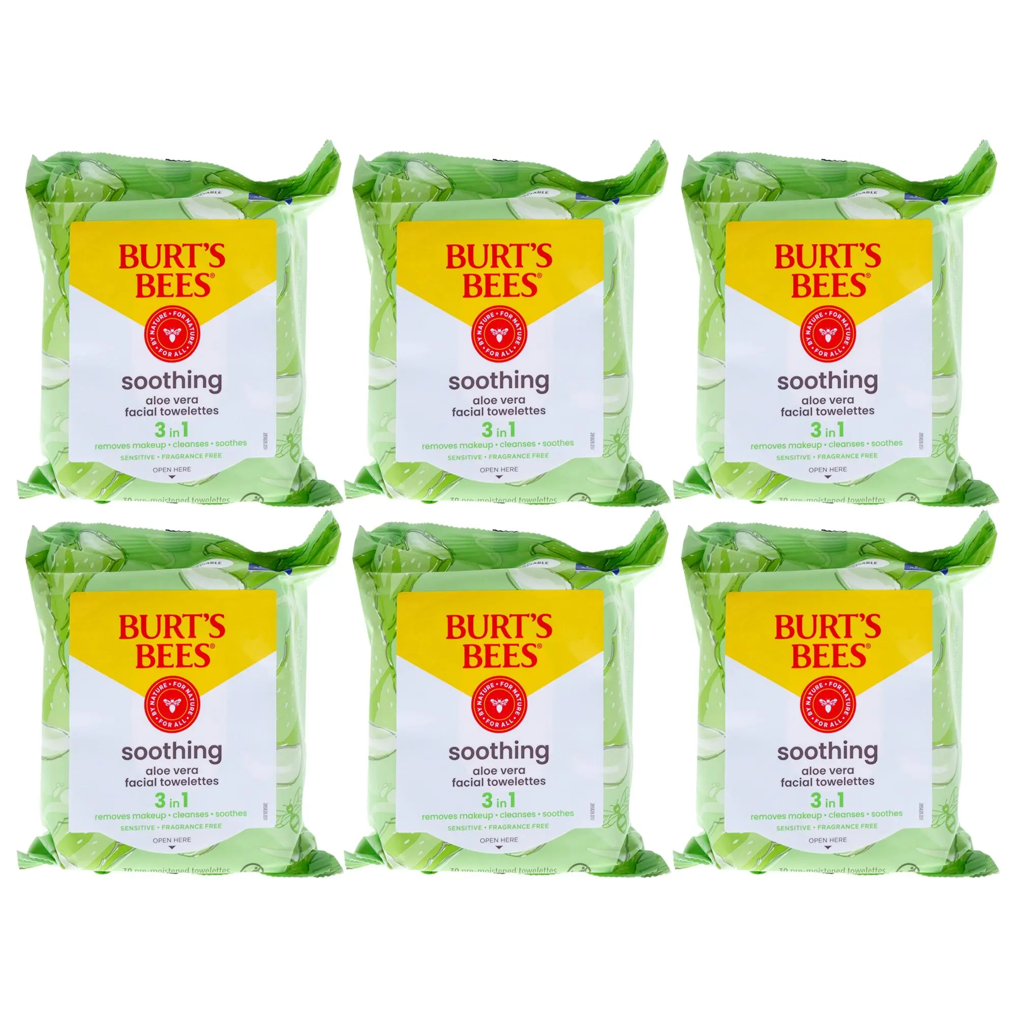 Burt's Bees Sensitive Skin Facial Cleansing Towelettes for Unisex - Face Care, Soothing Aloe, 30 per Pack - 6-Pack Total