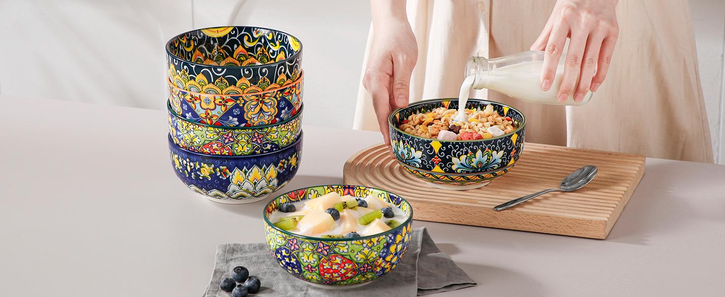 vancasso Cereal Bowls Set of 6, Bohemian Ceramic Soup Bowls, 28 oz Colorful Bowls Set for Kitchen, Dishwasher & Microwave Safe for Salad, Pasta, Rice, Oatmeal, Fruit Tableware vancasso Cereal Bowls Set of 6, Bohemian Ceramic Soup Bowls, 28 oz Colorful Bowls Set for Kitchen, Dishwasher & Microwave Safe for Salad, Pasta, Rice, Oatmeal, Fruit Tableware