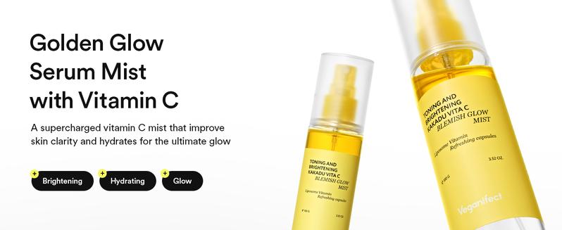 VEGANIFECT Vitamin C Glow Mist for Radiant Skin, Hydrating Serum Mist with Niacinamide & Glutathione, Korean Vegan Skincare, 3.38 Fl Oz