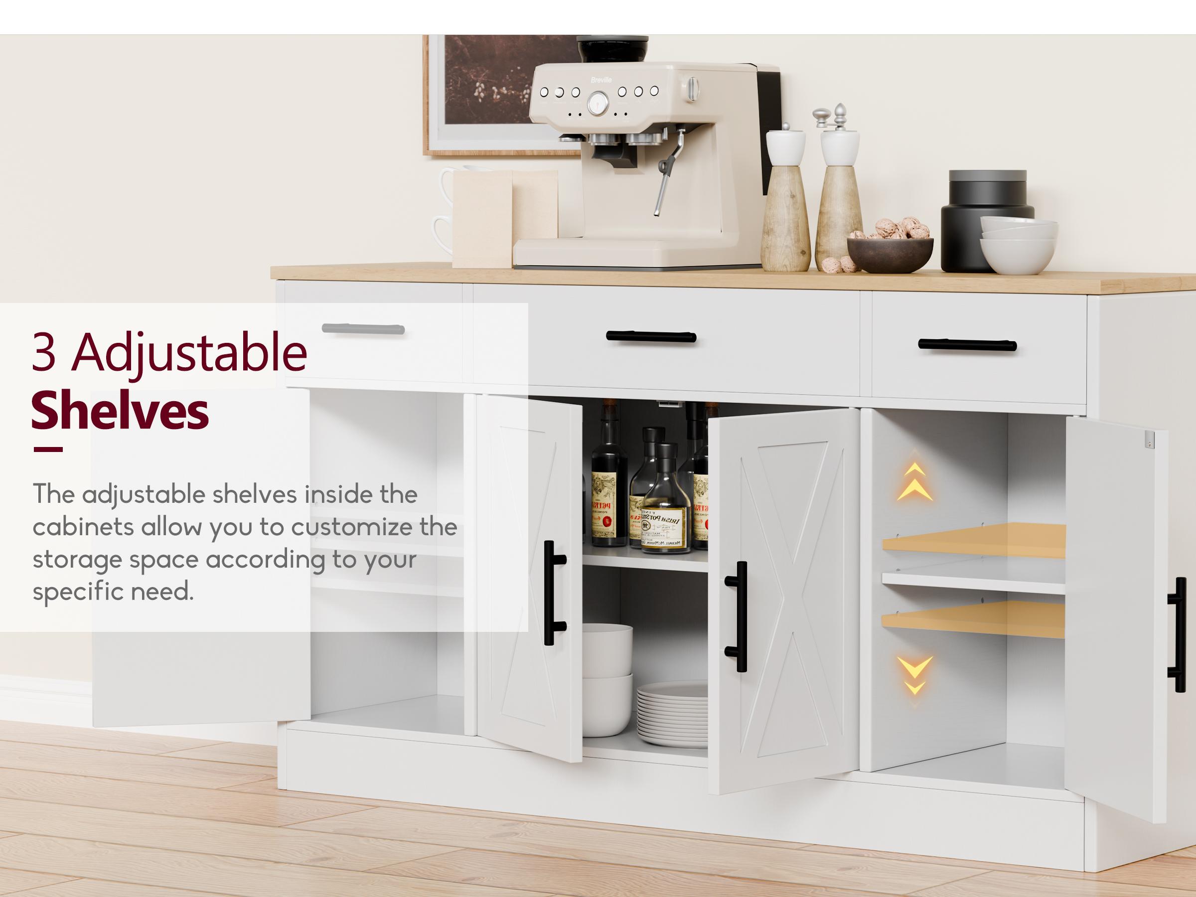 Walsunny Kitchen Buffet Sideboard Cabinet with 4 Doors and 3 Drawers, Entryway Adjustable Storage Shelf, Farmhouse Coffee Bar Cabinet for Kitchen, White