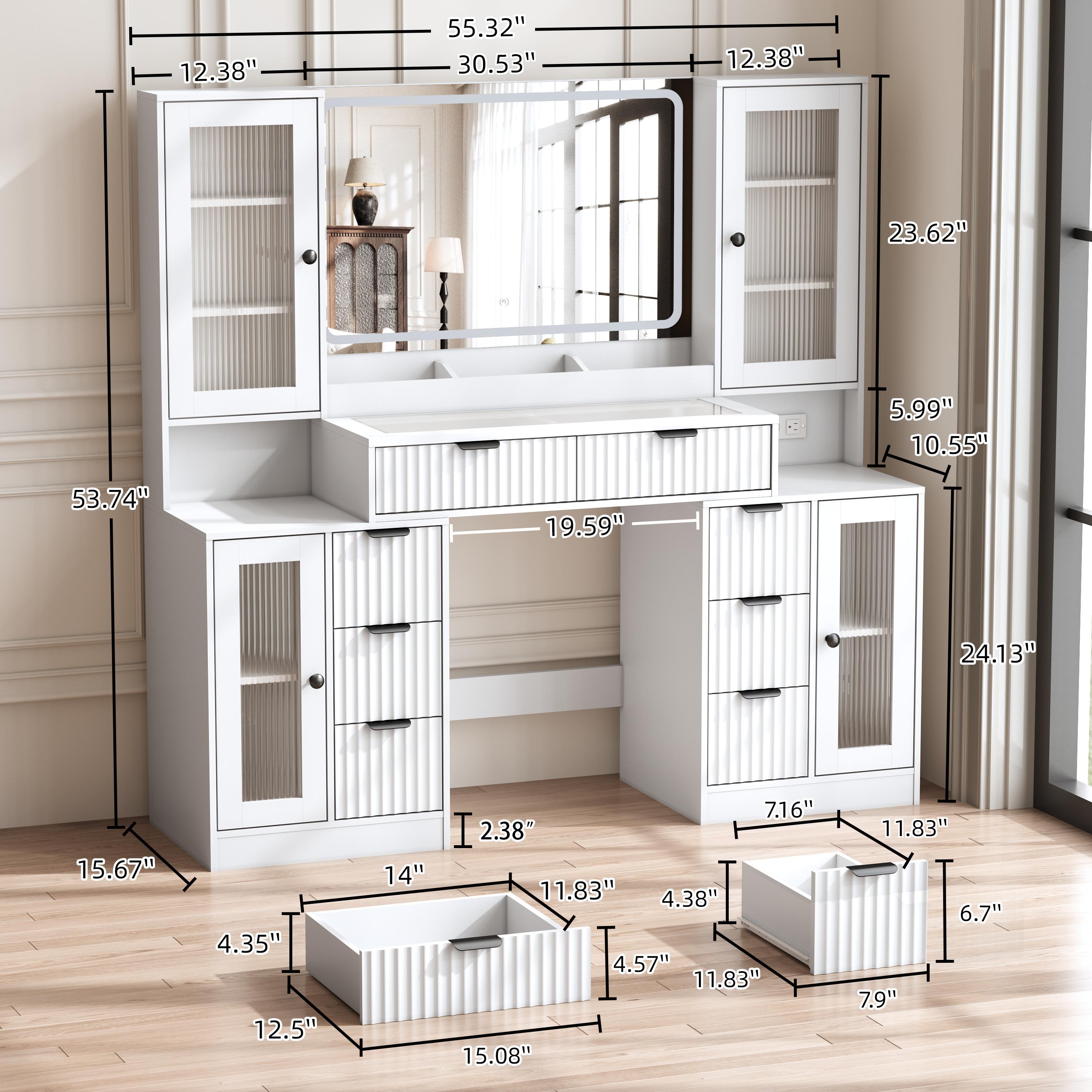 Fluted Makeup Vanity Desk with Mirror and Lights, 55" Glass Top Vanity with 8 Drawers & 4 RGB Glass Cabinets, Adjustable Shelves & Power Outlet, Modern Dressing Table for Women Girls Bedroom, Oak