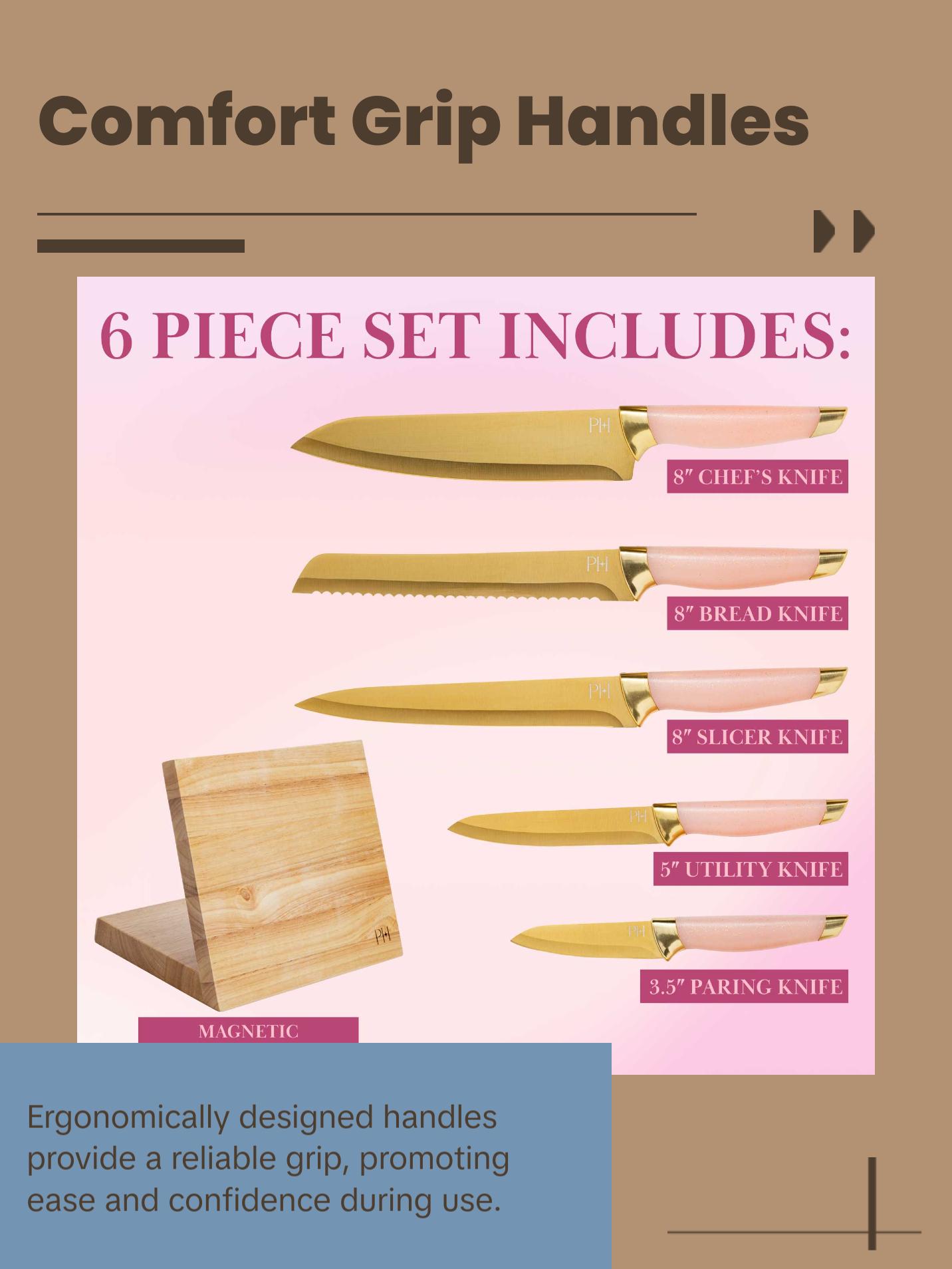 Paris Hilton Knife Block Set with Magnetic Wooden Knife Block, High Carbon Stainless Steel Blades, Titanium Coating, 6-Piece Set, Pink & Gold Paris Hilton Knife Block Set with Magnetic Wooden Knife Block, High Carbon Stainless Steel Blades, Titanium Coating, 6-Piece Set, Pink & Gold
