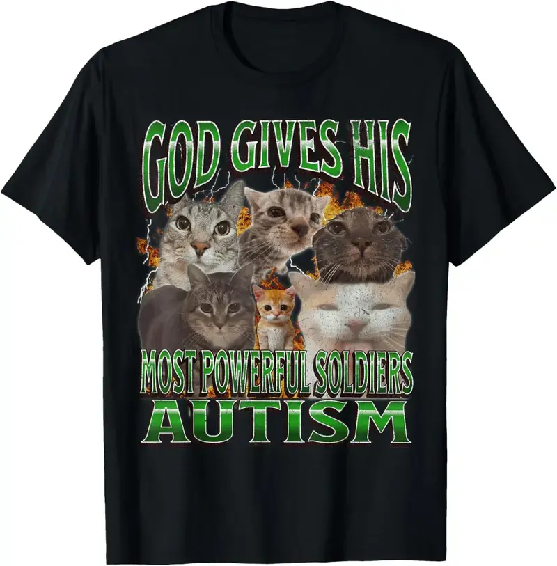Men's "God Gives His Most Powerful Autism" Funny Cartoon Print Tee - Soft Cotton, Short-Sleeve, Relaxed Fit, Lightweight Breathable, All Seasons Street Style Top, Unique Gift