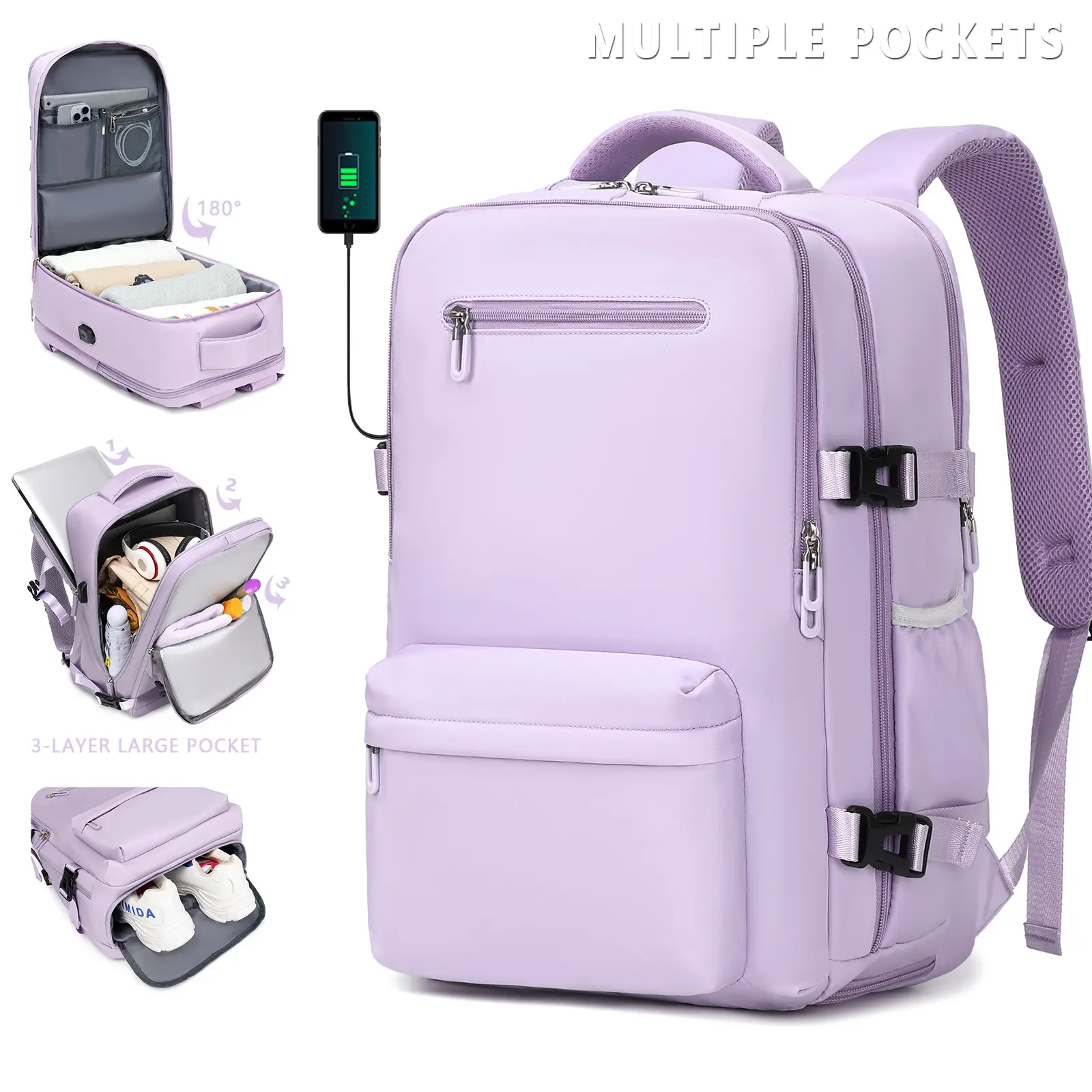 Lightweight Airline Approved Travel Backpack for Business & School - 17" Laptop Compartment, Independent Shoe Storage, Adjustable Straps, Multiple Compartments, Durable Polyester, White, Travel Luggage, Sleek Design, Organized Compartments