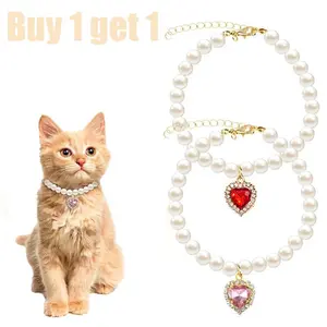 2-Pack Adjustable Pearl Cat Collar with Heart Rhinestone - Cute Pet Necklace for Adorable Cat Collar Decor, Small Dog Pet Accessories.