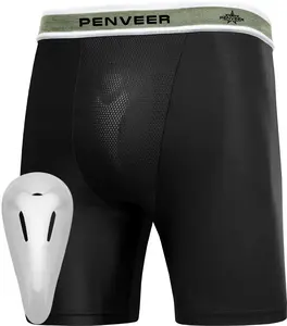 Youth Compression Shorts with Protective Cup - Youth Cup Underwear with Cup, Boys Compression Shorts (Black)