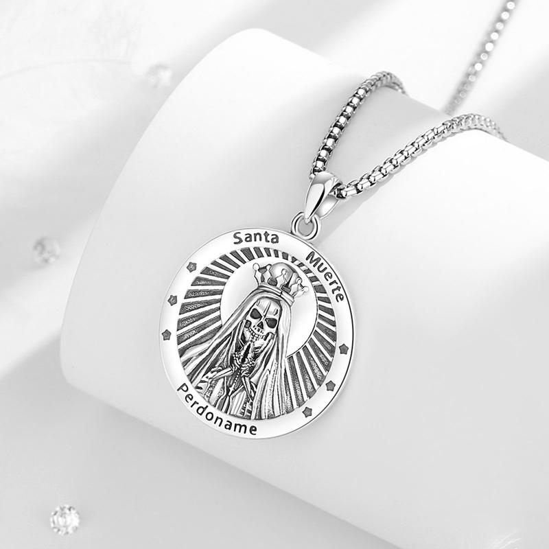 Eudora S925 Sliver Santa Muerte Necklace, Silver Grim Reaper Pendant, Mexican Saint Medallion,  Memento Mori Amulet, Protective Sigils Jewelry