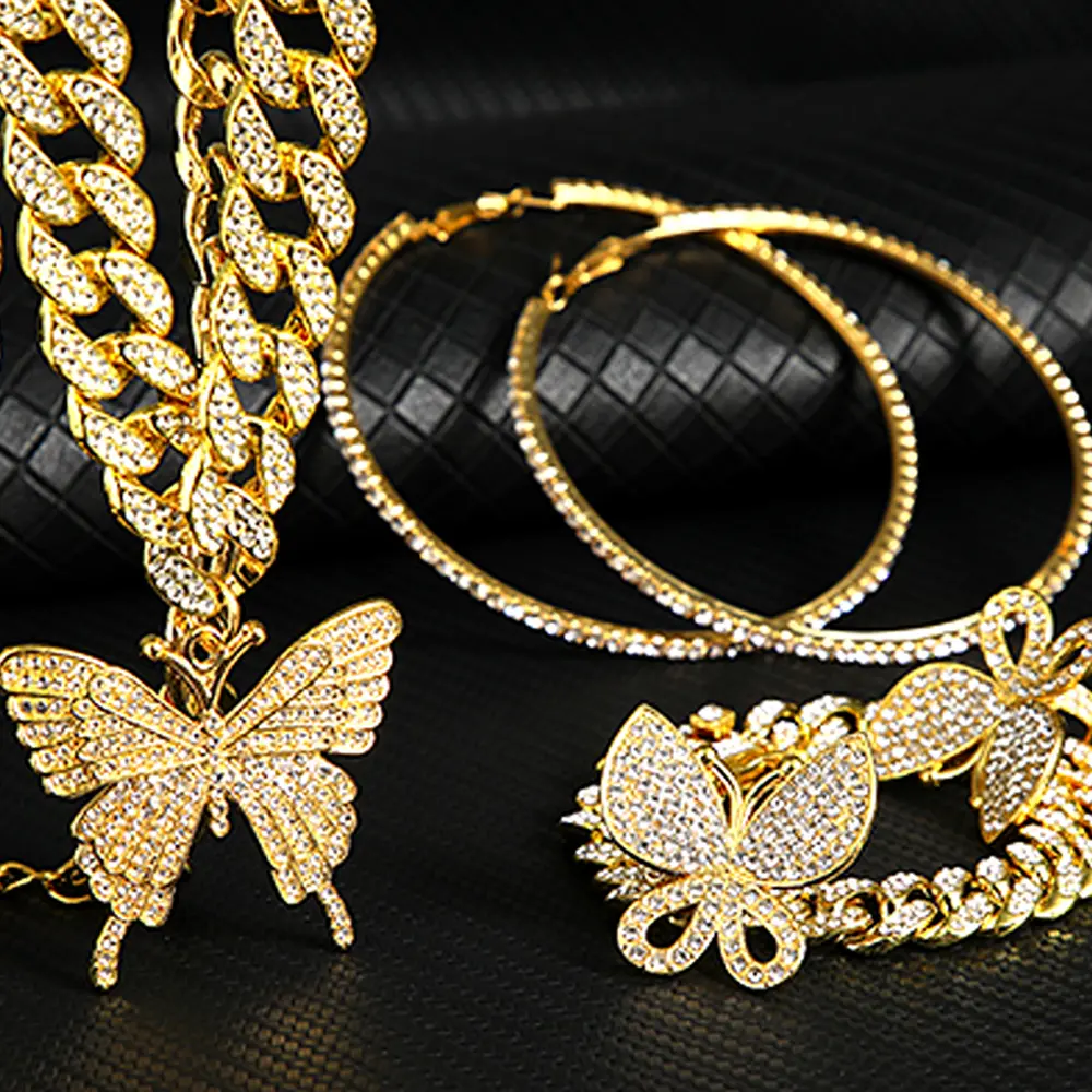 Ladies' fashionable, elegant and cute butterfly bracelet, hip-hop necklace pendant set, large circle earrings, jewelry gift packaging, special gifts for family and friends