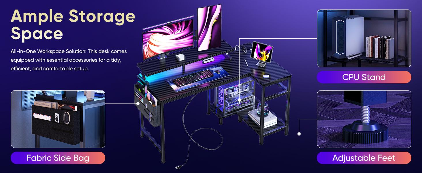 L Shaped Computer Desk with Monitor Stand, LED Lights & Power Outlets, Corner Gaming Desk with Storage Shelf, Home Office Study Desk