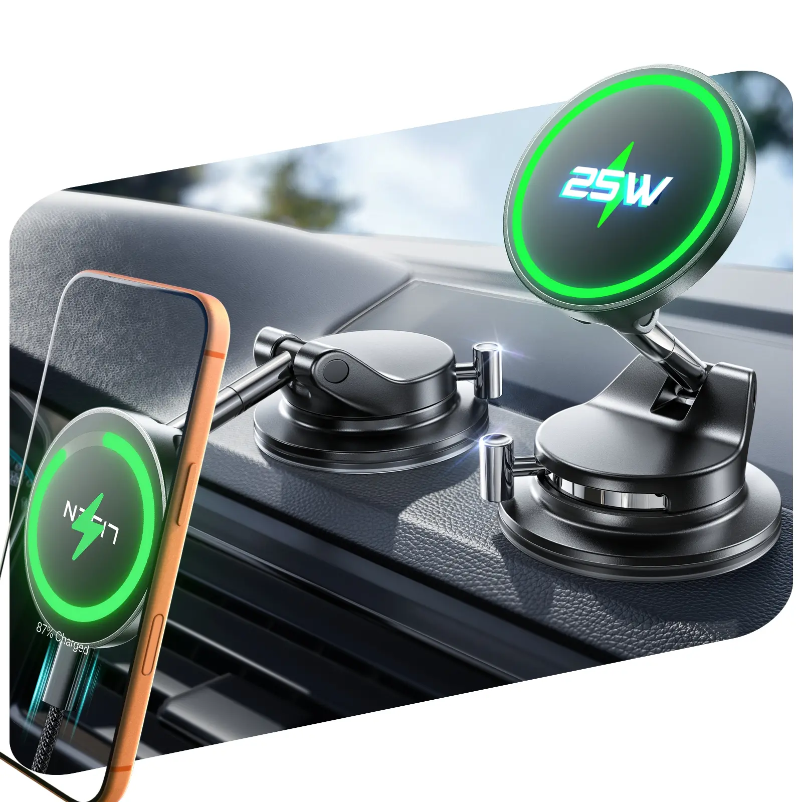 【Summer Deal】LISEN Vacuum Magnetic Phone Charger, [SuctionPro] 25W Wireless Car Charger, Suction Cup Phone Holder,360° Vacuum Magnetic Phone Holder for iPhone 17 Pro Max Air 17-12,Samsung S25 with MagSafe Case