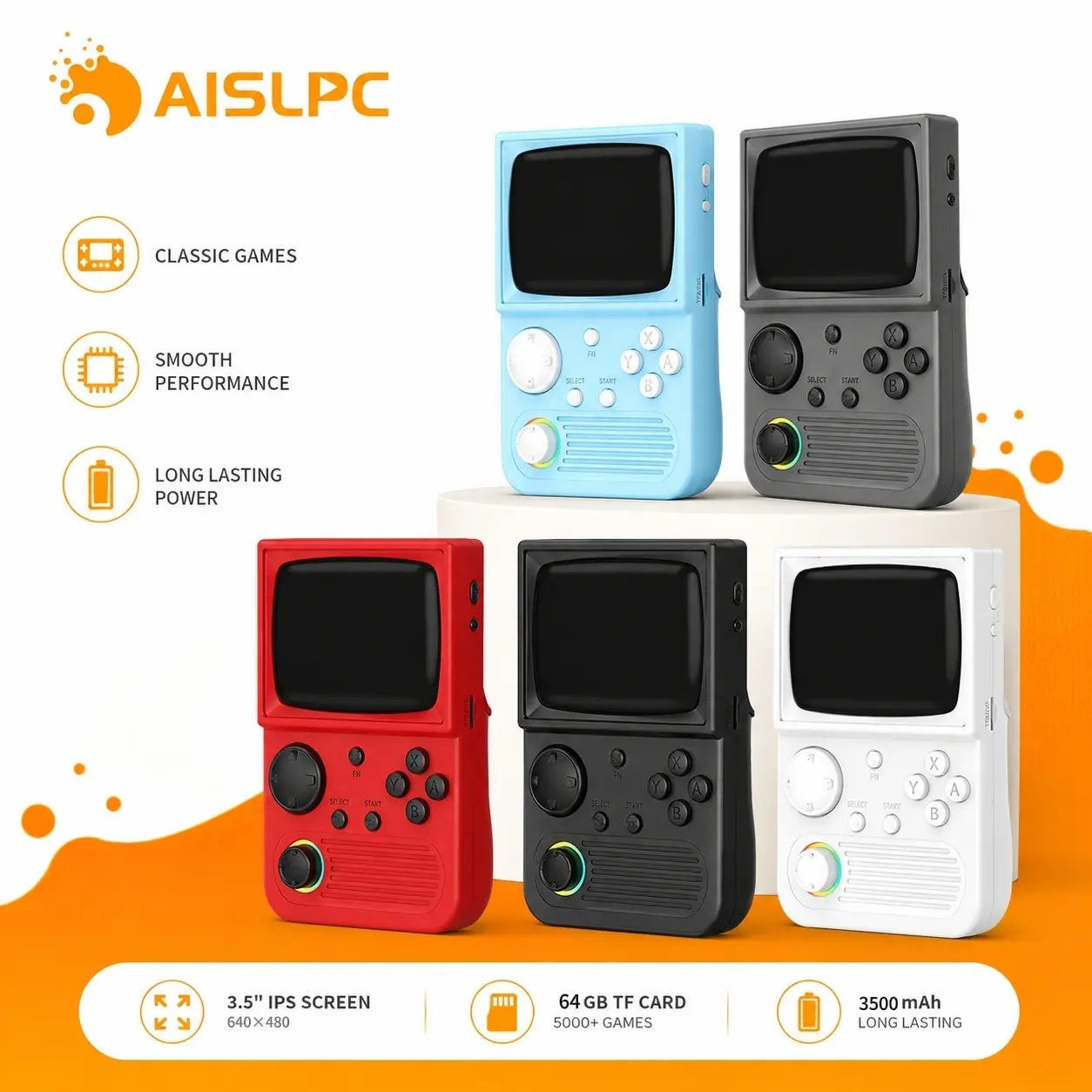 AISLPC Retro Game Console, Handheld Video Game Player, 3.5 Inch IPS Screen, RK3326 Linux System, 64GB with 5000+ Games, WiFi & OTG Support, 3500mAh Battery, Carrying Case, Christmas & Birthday Gifts