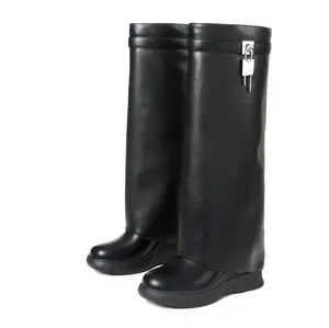 Fold Over Knee High Boot For Women Round Toe Wedge Heel Wide Calf Pull On Padlock Comfortable Party Date Dress Trendy Tall Boots