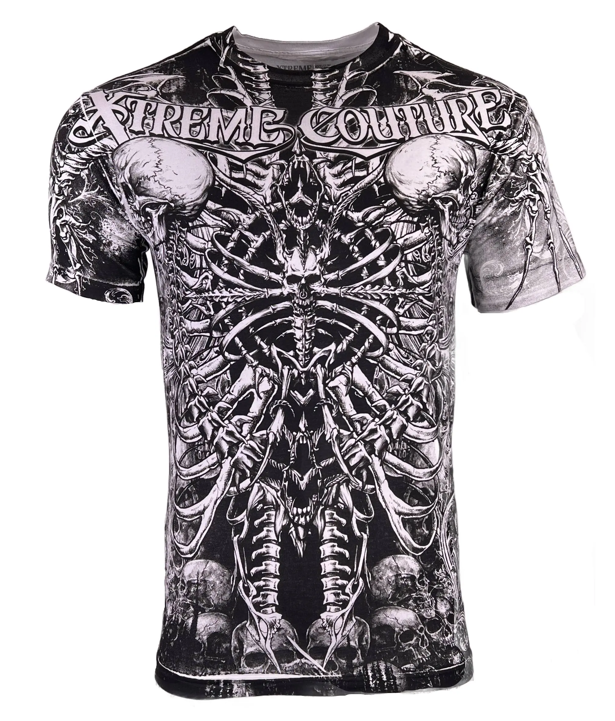 Xtreme Couture by Affliction Men's Catacombs Streetwear T-Shirt - White Cotton Crewneck, Casual Short-Sleeve, Front & Back Graphic Print Tops