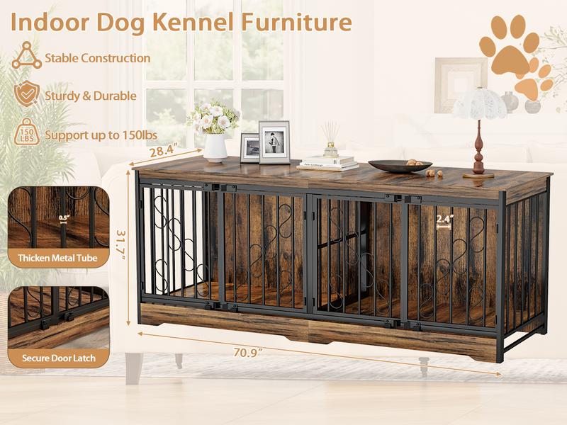 COZPAW 78" Dog Crate Furniture for 2 Dogs,Extra Large Breed Double Chew-Resistant Indoor Pet House,Heavy Duty Wooden XXL Large Kennel, Furniture Style XL Dog Cage, Max 300lbs Capacity (Grey)