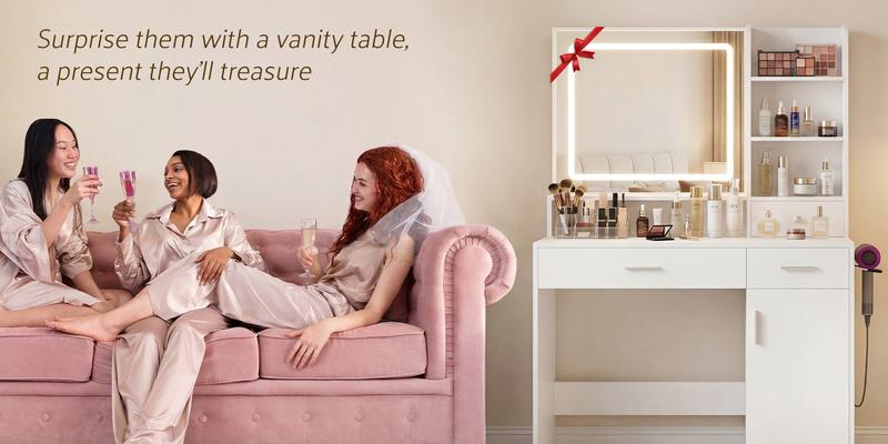 2-Drawer 1-Door / 3-Drawer 2-Door Mirror Makeup Vanity with Light Strip – Stylish & Functional Dressing Table for Modern Living